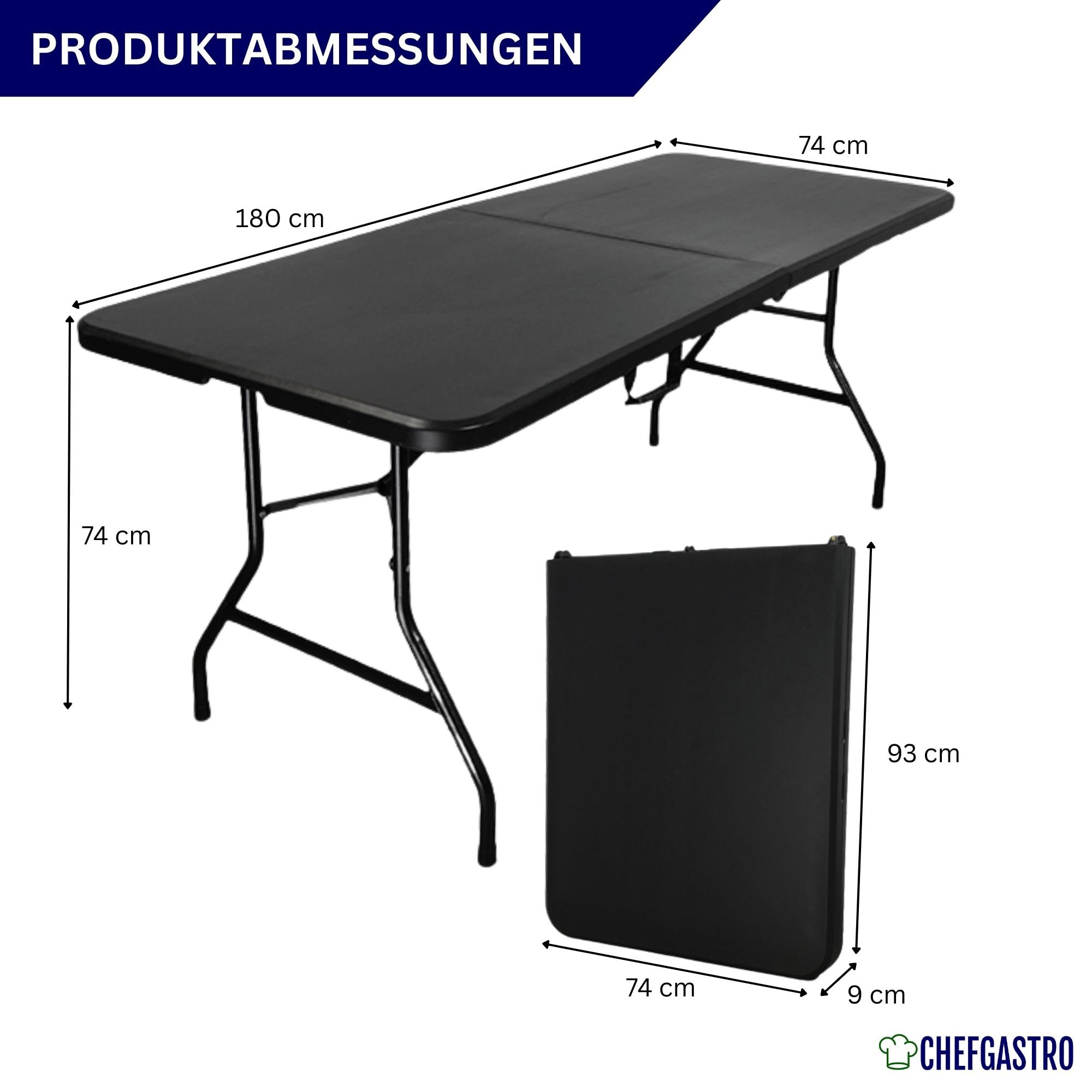 CHEFGASTRO Tavolo da buffet pieghevole | HxLxP 74x180x75cm | con poignee de trasporti | per 8 persone | resistente alla plastica aux intempéries | noir