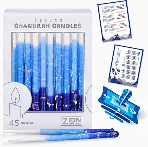 Miniatura 1 de Zion Judaica - Velas de Janucá de lujo para menorá, juego de 45 velas decorativas de Janucá, hechas a mano, incluye una tarjeta de canción de