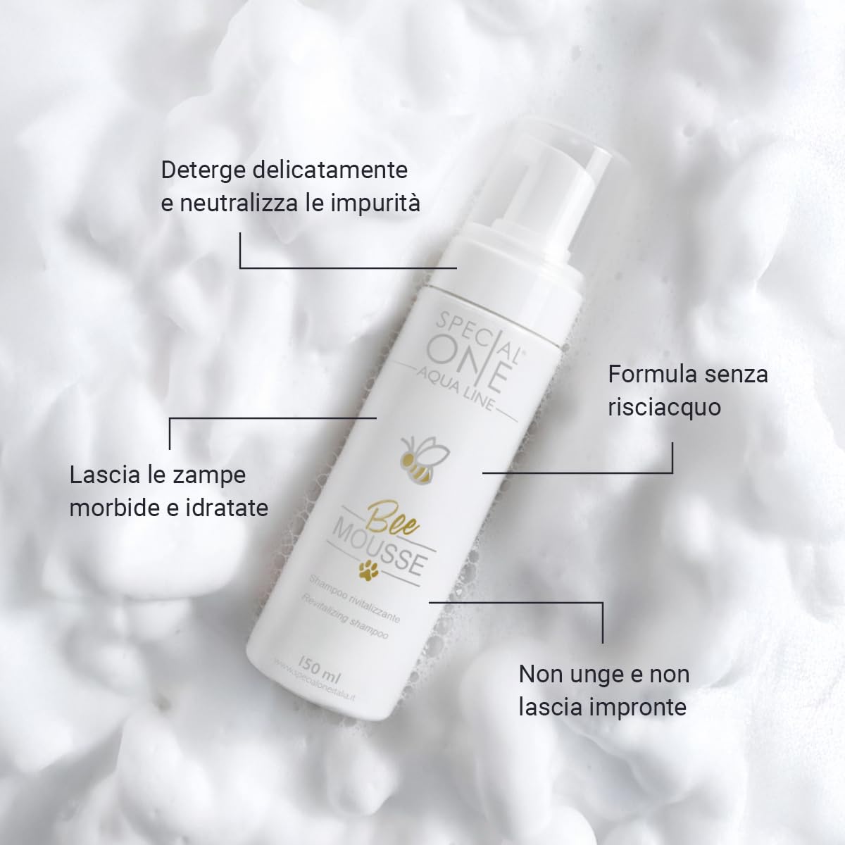 SPECIAL ONE - BEE MOUSSE Igienizzante Zampe Cani - Mousse Antibatterica con Clorexidina e Propoli - Detergenza Profonda, Idratazione e Protezione - Previene Irritazioni e Arrossamenti - 150 ml