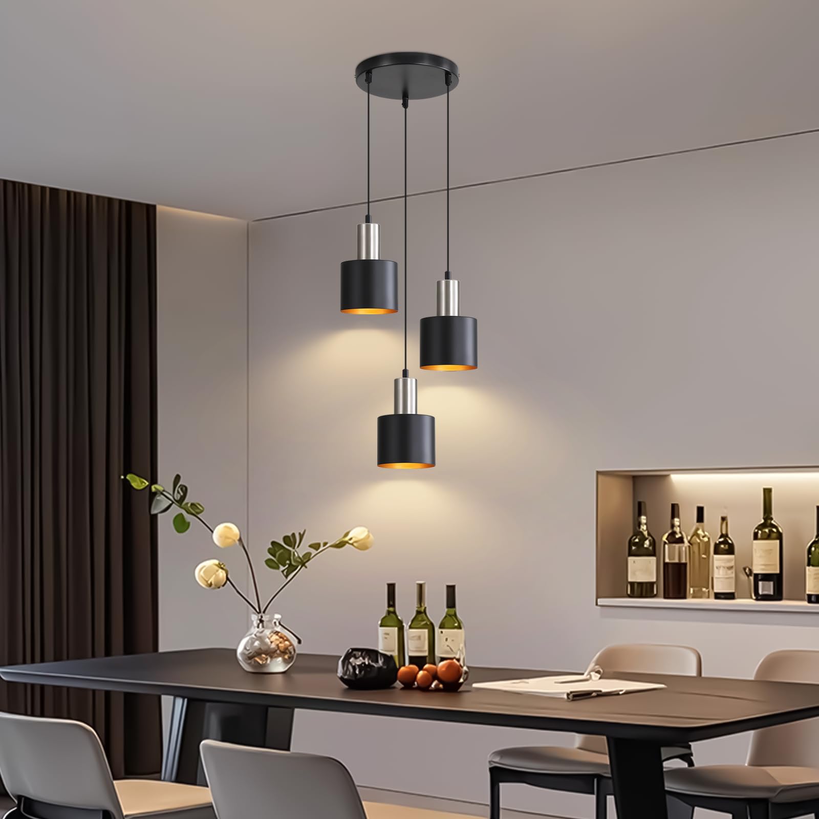 Hängeleuchte Esstisch Pendelleuchte Schwarz - Esszimmerlampe Vintage Hängelampe 3 Flammig E27 Retro Küchenlampe Hängend Gold Kücheninsel Höhenverstellbar Industrielampe Ohne Leuchtmittel