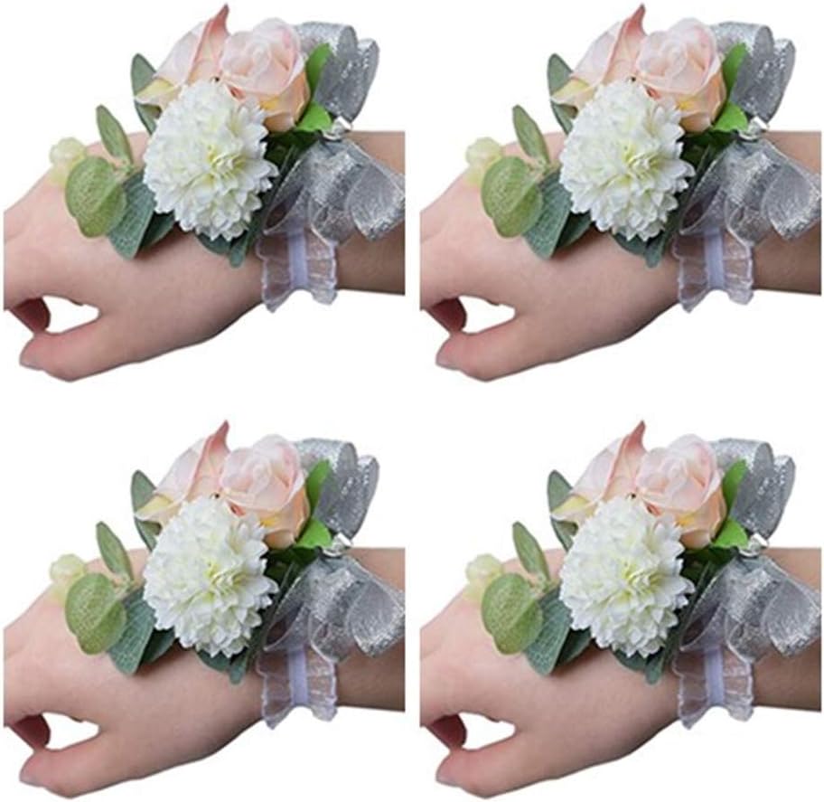 Flonding Girl Bridesmaid Wedding Wrist Corsage Bride Wrist Flower Corsages Stretch Bracelet Wristband for Wedding Prom Party Homecoming Hand Flowers Decor Pack of 4