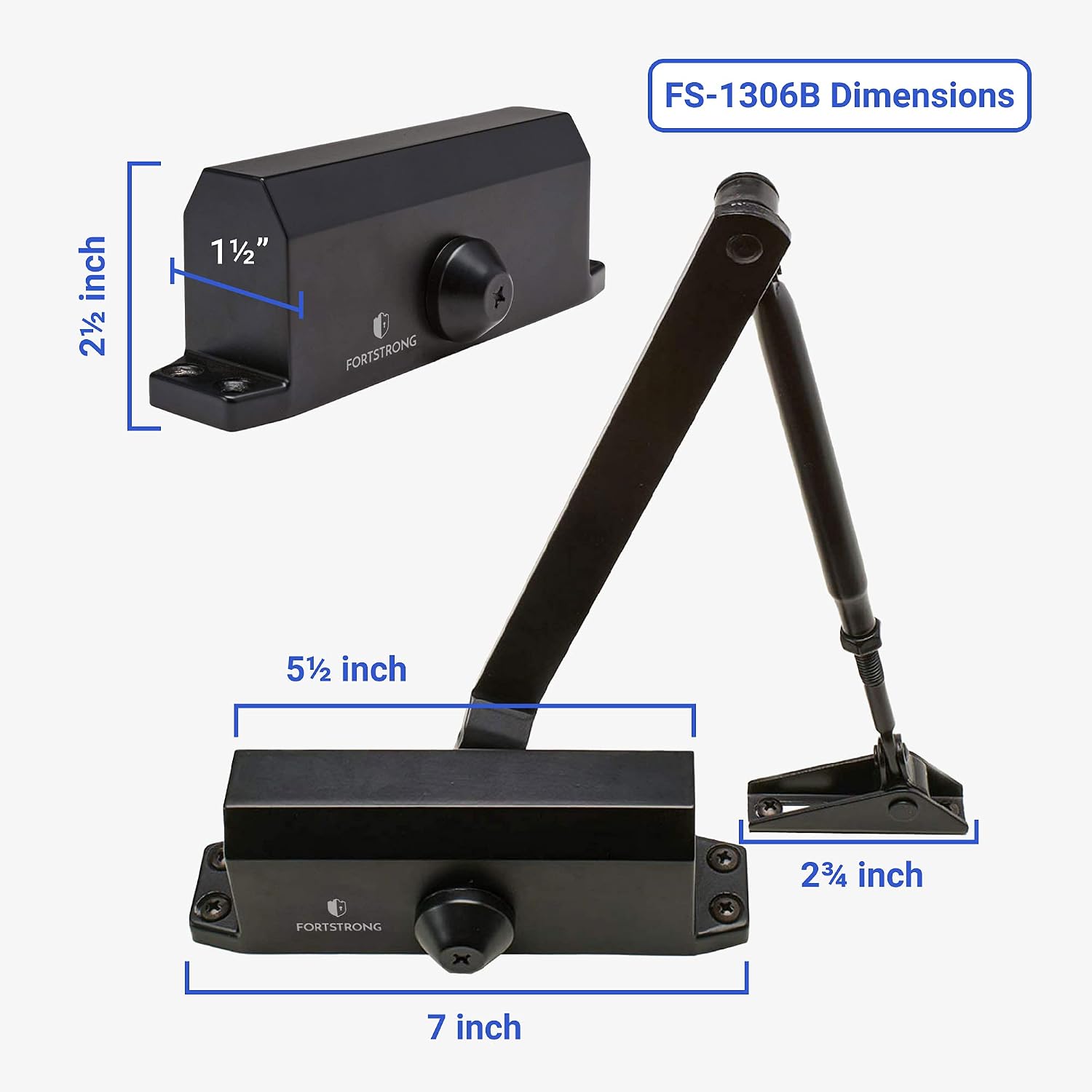Door Closer Black FS-1306B Automatic Adjustable Mechanism Grade 3 Spring Hydraulic Auto Door-Closer with Easy Installation Life Size Fitting Template & Instructions & Installation Video