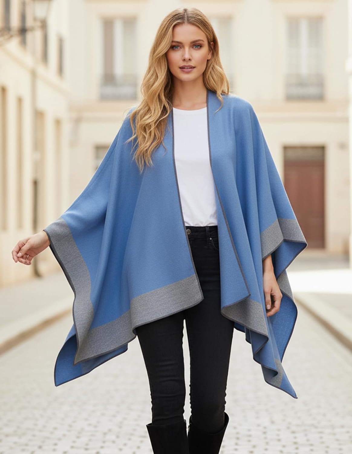Women's Shawl Wraps Open Front Poncho Cape Oversized Sweaters Casual Cardigan Shawls for Fall Winter - Image 2