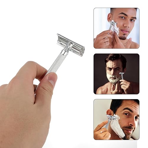 Miniatura 8 de minkissy Afeitadora manual para hombre, de doble cara, de acero inoxidable, clásica, con mango de barba, afeitadora duradera, herramienta de afeitar