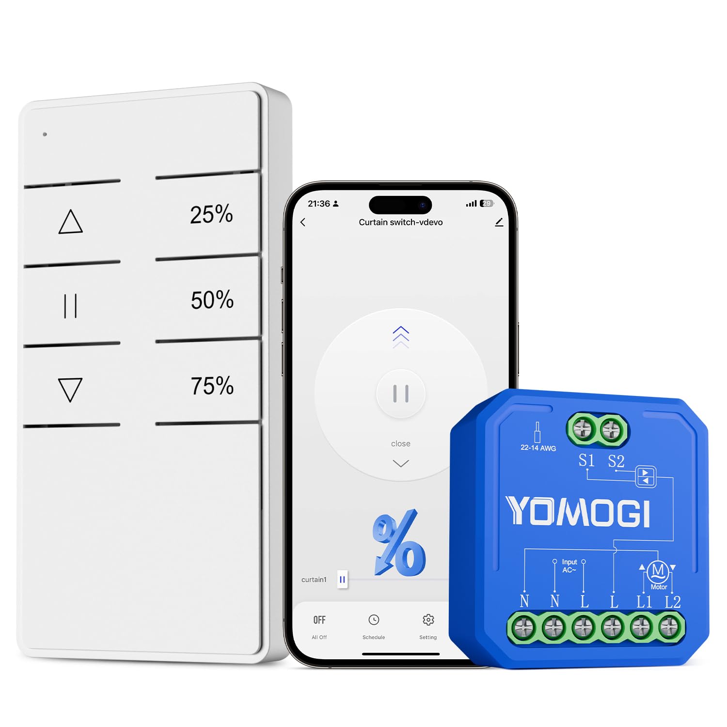 YOMOGI Módulo de Persiana Enrollable, Interruptor de Persianas Conectada con Mando a Distancia RF, Módulo WiFi Compatible con Alexa Google Home para Control de Porcentaje, Control por Voz (1)