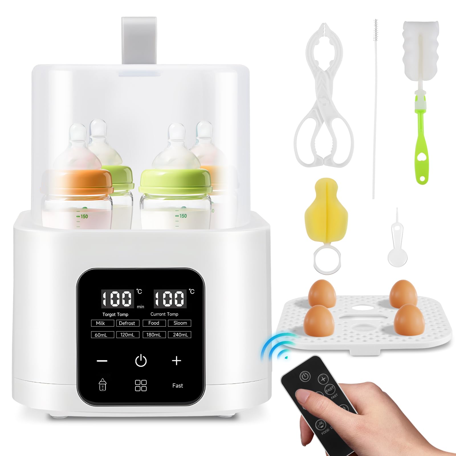 Calentador de biberones, esterilizador de 4 biberones 6 en 1 con pantalla LCD, calentamiento rápido y descongelación para leche materna o fórmula, control inteligente de temperatura de 48 horas, luz