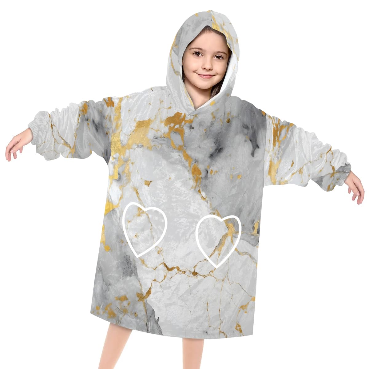 Wearable Blanket Hoodie for Kids, Grey Marble Fleece Sweatshirt Blanket Abstract Marble Oversized Blanket Sweatshirt with Pocket Flannel Warm Hooded Blanket 6-10 Year Old Girl Boy Gift, One Size