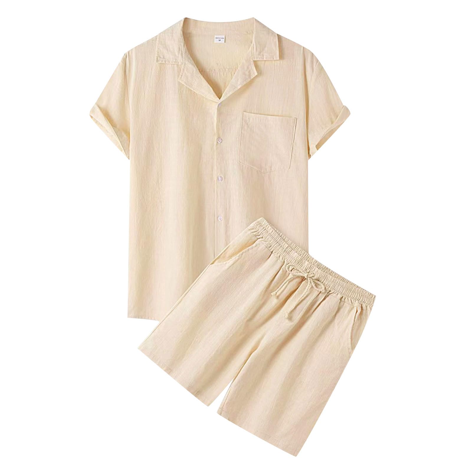 Generisch Leinen Set Herren Sommer Kurz Baumwolle Zweiteiler Leinenhemd und Shorts Freizeitanzug Einfarbig 2 Teiliges Kurzarm Button-Up Revers Hemd und Kurze Hose Leinen Anzug für Strand Urlaub