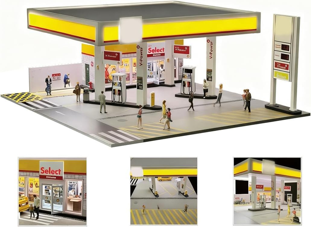 Modello di scena di costruzione della stazione di gas in scala 1/64, modello realistico in miniatura di architettura fai da te con 1 modello di auto/1 figura, regalo decorativo, altri veicoli figure