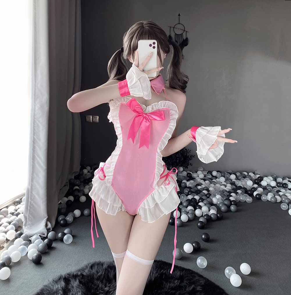 SNOMYRS Seksowny kostium królika cosplay pokojówka japońskie anime kawaii różowe niegrzeczne body babydoll