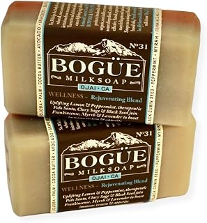 Handmade Goat Milk Soap- Two bars BOGUE No.31 WELLNESS Rejuvenating Blend Uplifting Lemon & Peppermint, therapeutic Palo Santo & Clary Sage