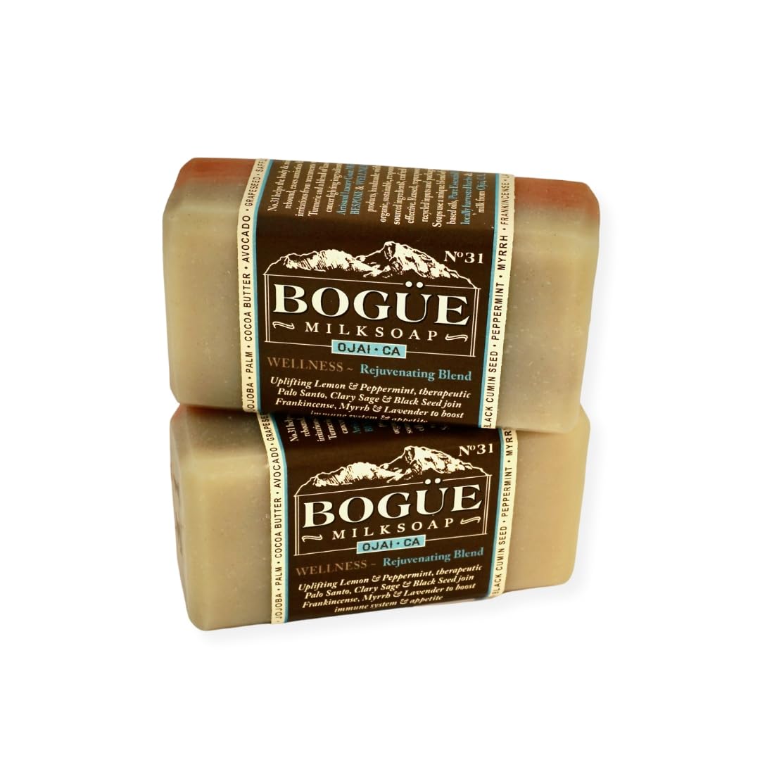 Handmade Goat Milk Soap- Two bars BOGUE No.31 WELLNESS Rejuvenating Blend Uplifting Lemon & Peppermint, therapeutic Palo Santo & Clary Sage
