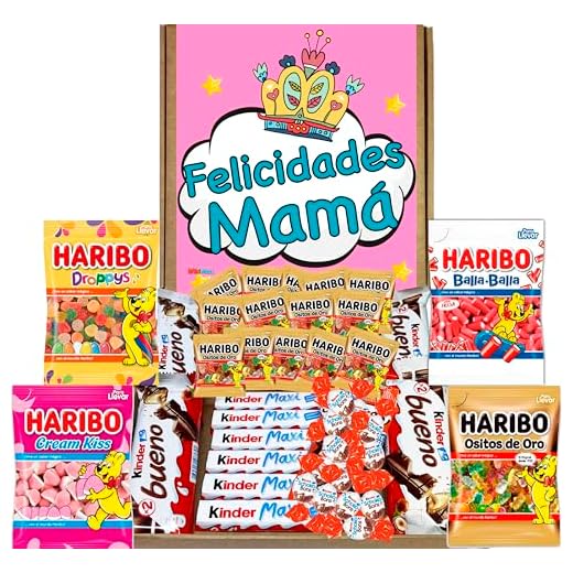 Lote Regalo Día de la Madre Kinder y Haribo - Caja Bombones Regalo Día de la Madre - Incluye Kinder Bueno, Kinder Hippo, Gominolas Haribo, Kinder Chocolate Maxi. Lleva una Bonita ilustración.