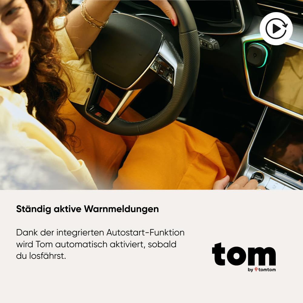 TomTom Verkehrsalarm Blitzerwarner für Auto – Warnt vor festen & mobilen Blitzern, Staus | Ohne ABO | CarPlay & Android Auto | Made in Europe | Tom by TT Premium Pack