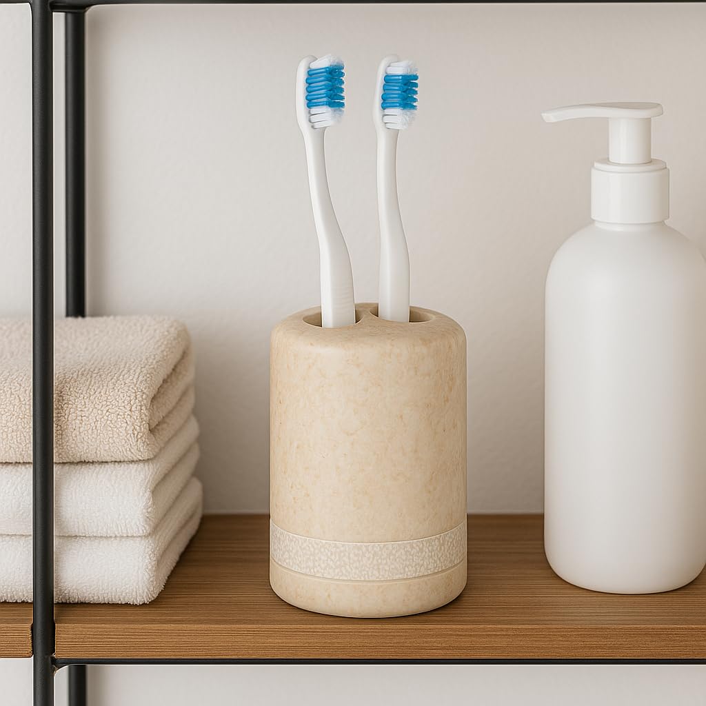 Creative Home Natural Champagne Marble SPA Hand Carved Collection Toothbrush Makeup Brush Holder Bathroom Countertop Organizer, 3.5" Diam. x 4.4" H, Beige