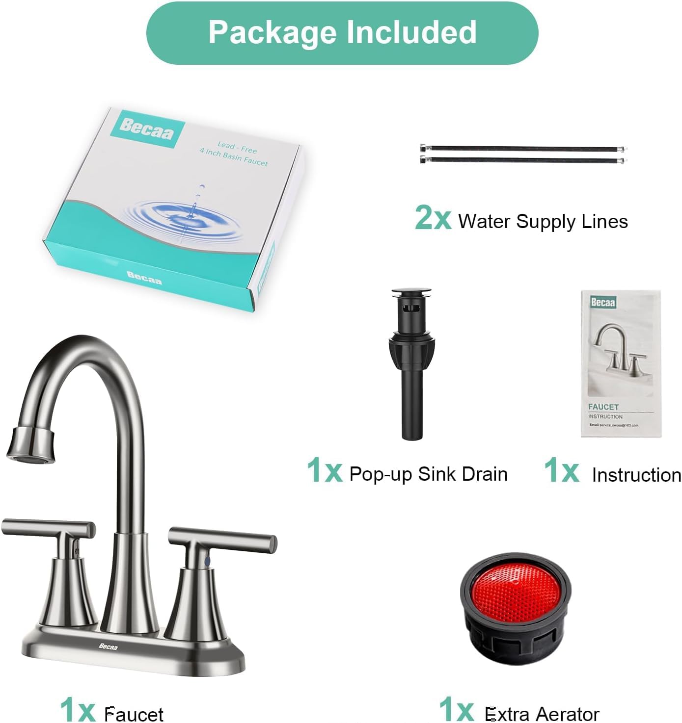 4 Inch Bathroom Faucets for Sink 3 Hole, Faucet for Bathroom Sink with Pop-up Drain & Supply Hoses, 2-Handle 360 Swivel Spout Stainless Steel Lead-Free, Centerset Faucet for Vanity Lavatory - Image 6