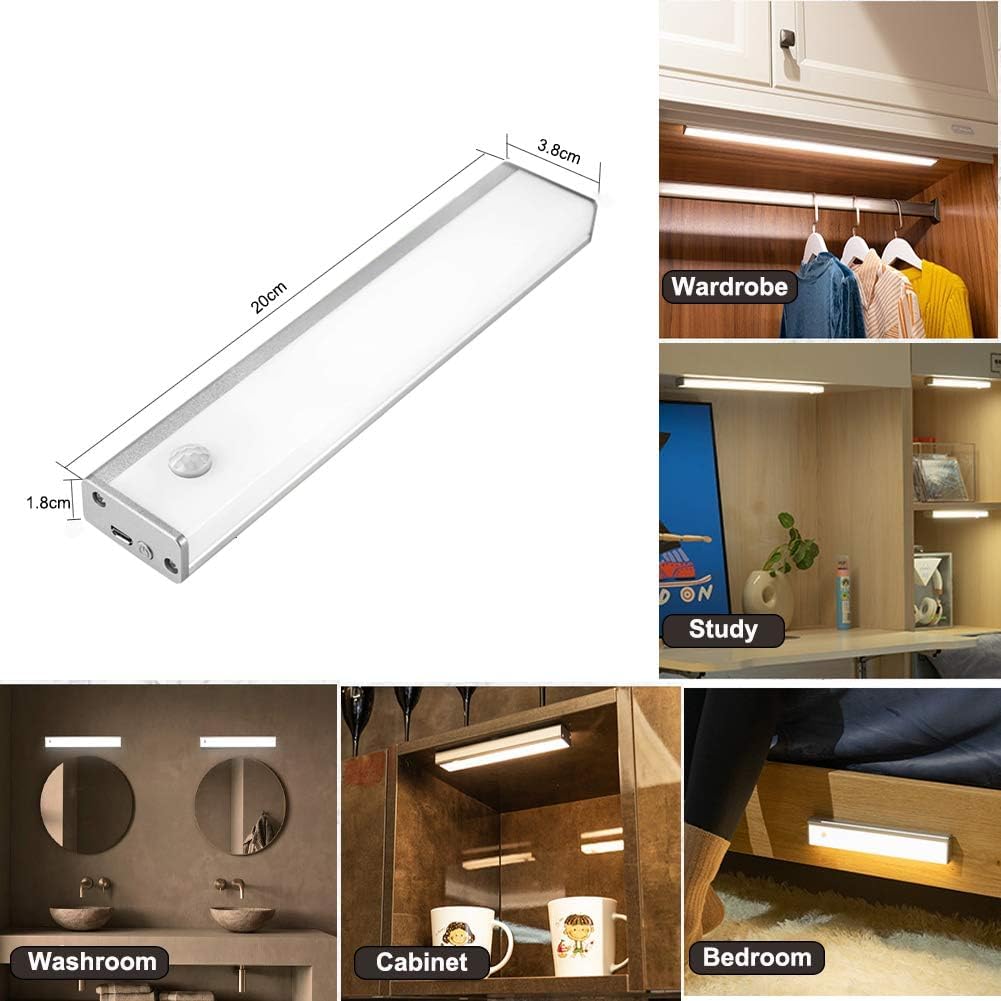 2-Pack Motion Sensor Closet Light, 20cm Rechargeable Magnetic Cabinet Lighting with 1100mAh Battery Each, Dual-Sided Illumination, 3 Modes, Warm White for Under Counter Kitchen Stairway