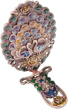 HOMEGARDEN Peacock-Design Hand Mirror & Comb Set | Multi-Colored | Brass Finish | 8.5 Mirror & 6 Comb | Decorative Vanity Accessory