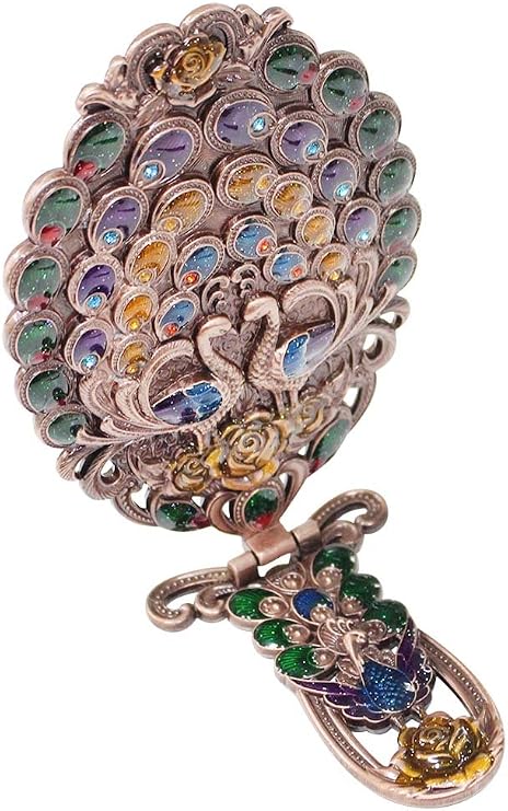 HOMEGARDEN Peacock-Design Hand Mirror & Comb Set | Multi-Colored | Brass Finish | 8.5 Mirror & 6 Comb | Decorative Vanity Accessory