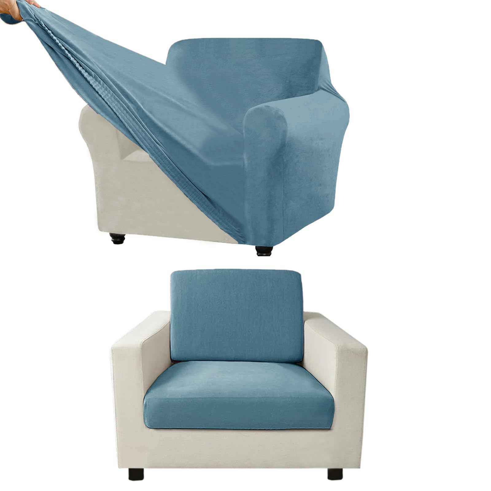 VFGFDJNDFX Couch Cover Velvet, Stretch Sofa Covers with Separate Main Cover Backrests and Seat Cushions Couch Cover, for Living Room Furniture Slipcovers (Blue-Green,Armchair - 5 PCS)