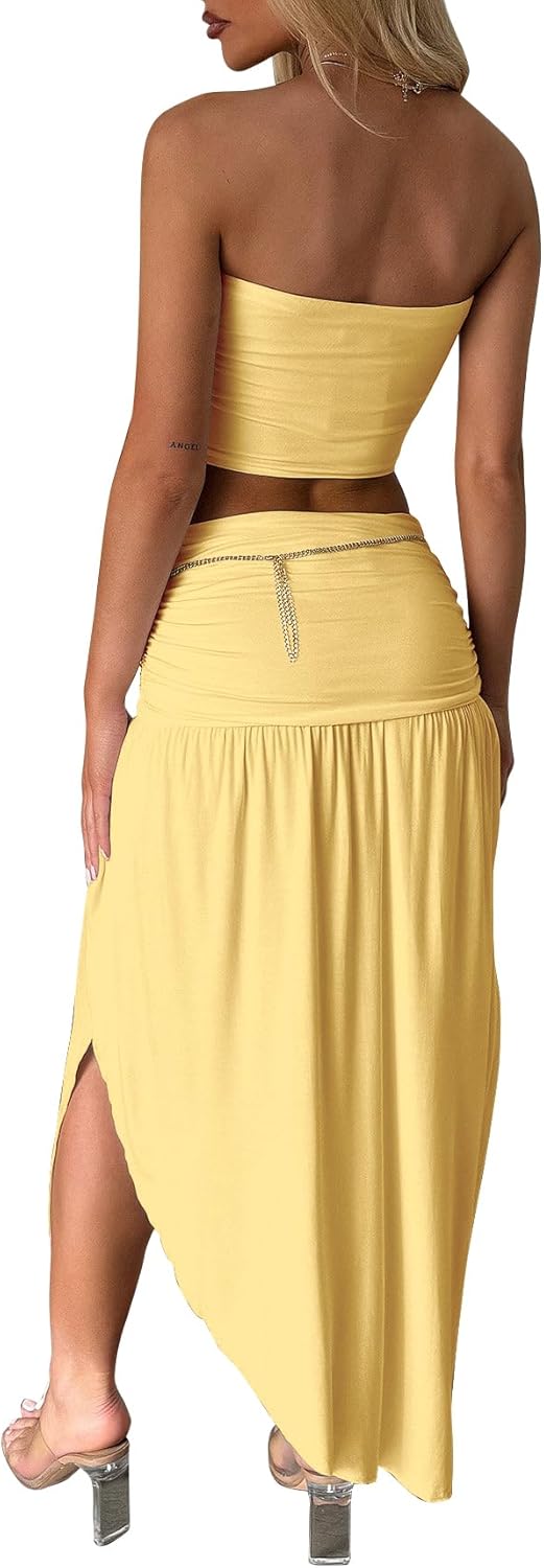 Two Piece Skirt Set for Women - 2 PC Summer Beach Vacation Outfits Going Out Strapless Tube Crop Tops Boho Maxi Skirts Sets - Image 5