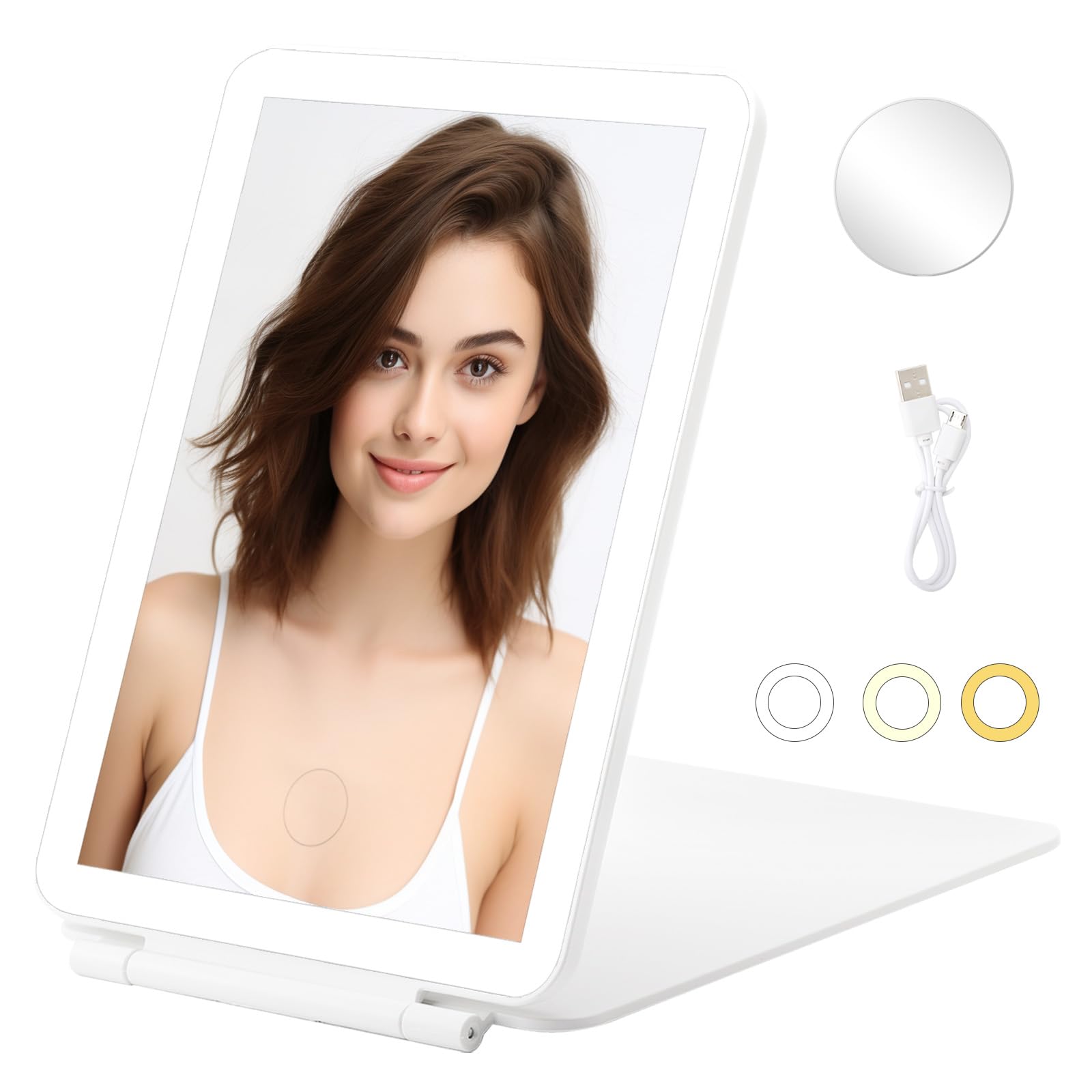 Espejo Maquillaje con Luz,USB Recargable Espejo Maquillaje con Luz Vanity Mirror Espejo Aumento 10X Pantalla Táctil Espejo Cosmético de Mesa de Tocador Viaje Portátil Luz Ajustable Iluminación 3 Color