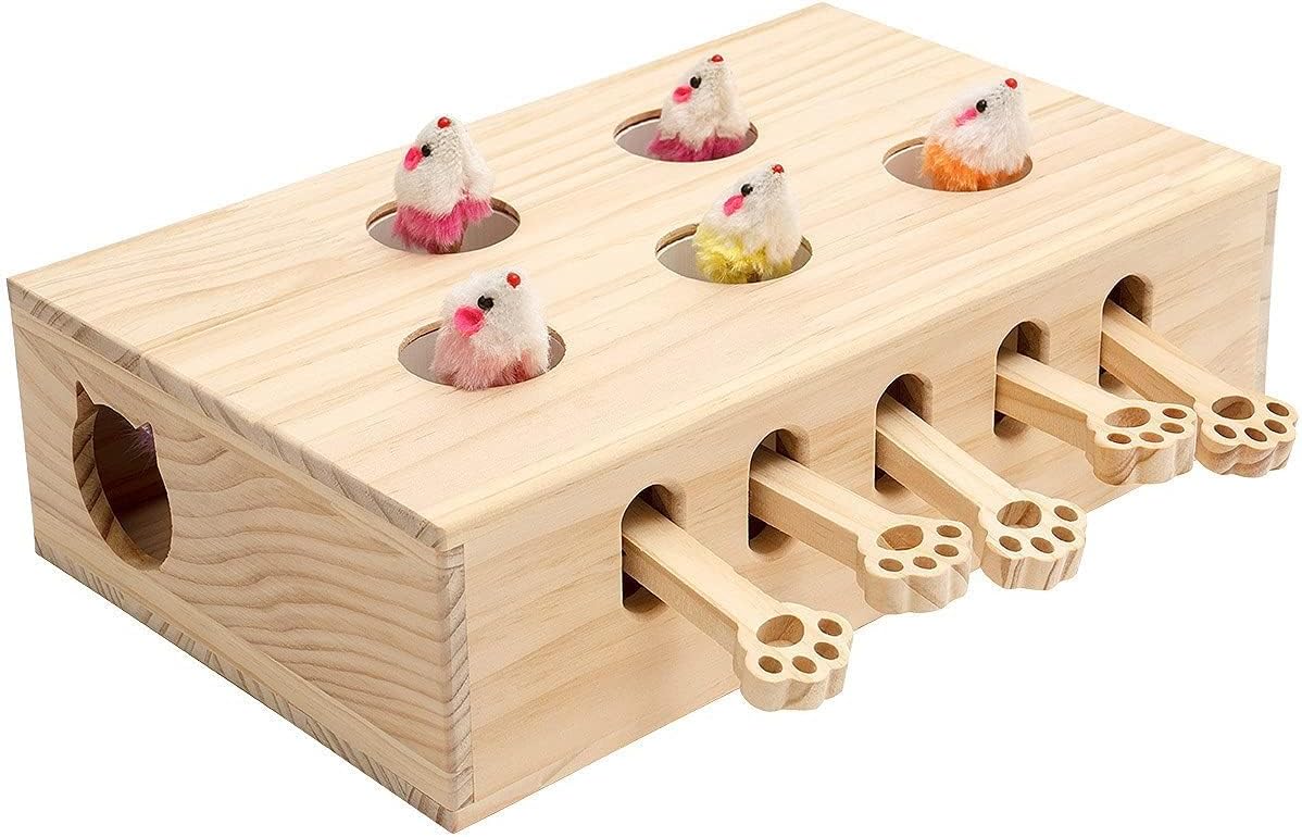 MEWOOFUN Cat Toys Interactive Whack-a-mole Solid Wood Toys for Indoor Cats Kitten Catch Mice Game