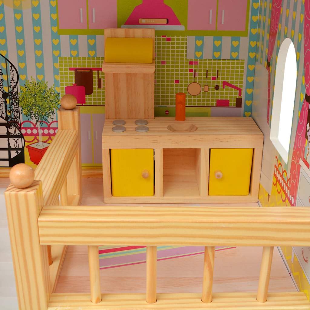 Mangloder 3-stöckiges Puppenhaus Holz 60 x 30 x 90 cm mit Miniaturmöbeln, Kinder Spielhaus für fantasievolles Rollenspiel, geeignet für Familie, Babyzimmer, Küche, Wohnzimmer, Balkon, Geschenk