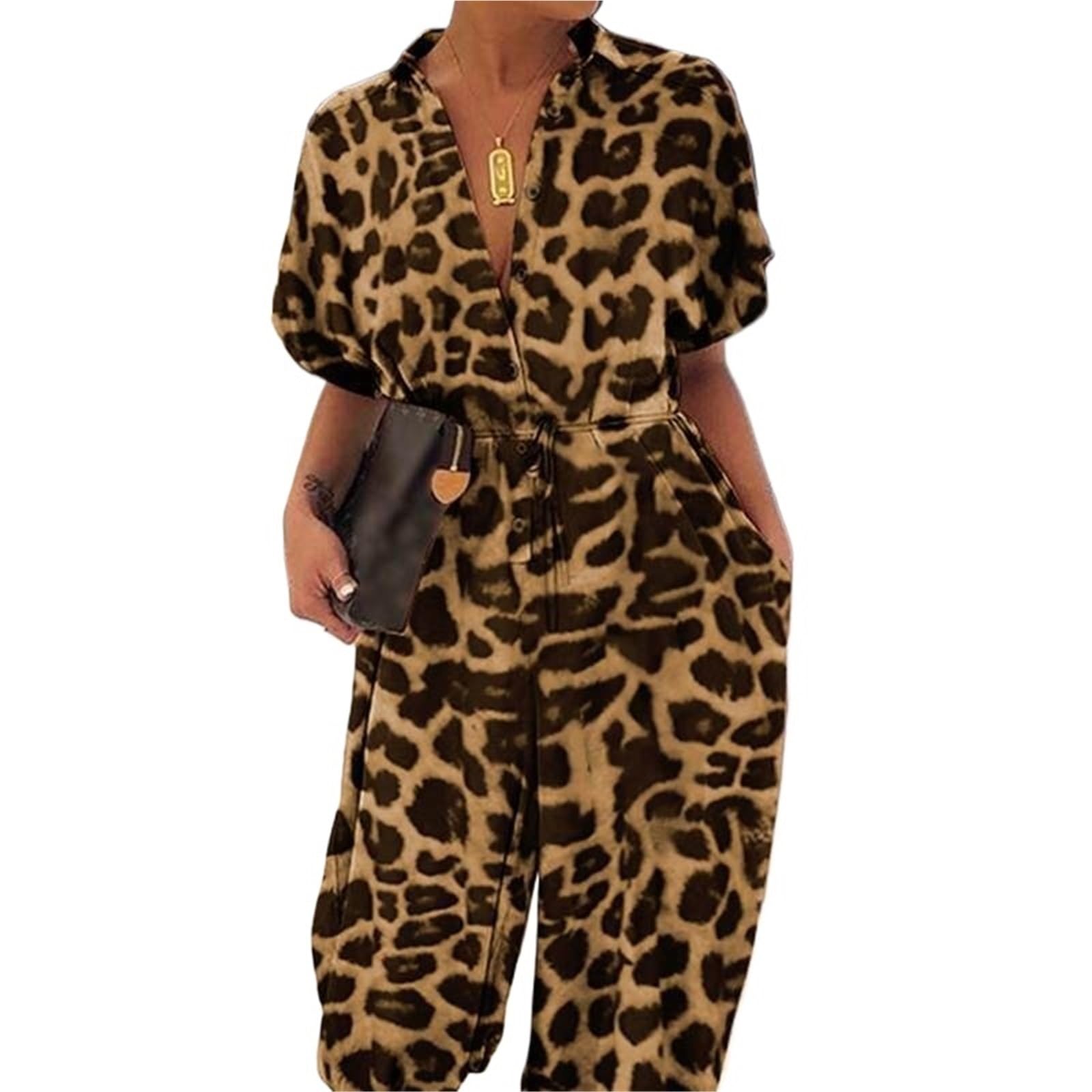 Jumpsuit Donna Tuta da donna con scollo a V, bottoni, lacci, manica corta, ampia, stampata, tascabile