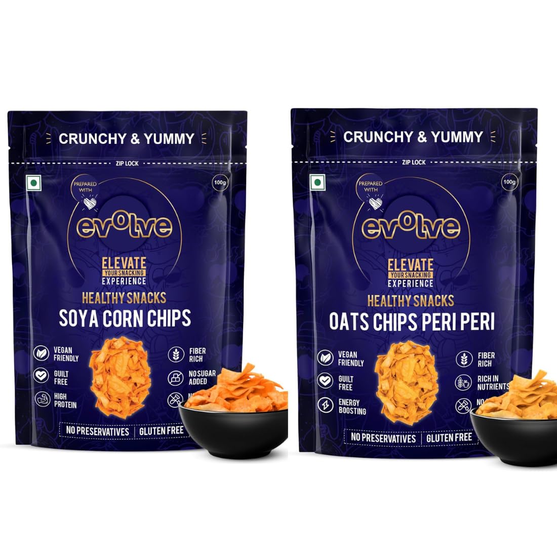 Evolve Snacks Soya Corn & Oats Chips | Light & Crispy, high protein | Natural ingredients, No Palm Oil, No Artificial Preservatives, Trans Fat Free, Low Calorie | 200g - Pack of 2 (100g each)-image-11