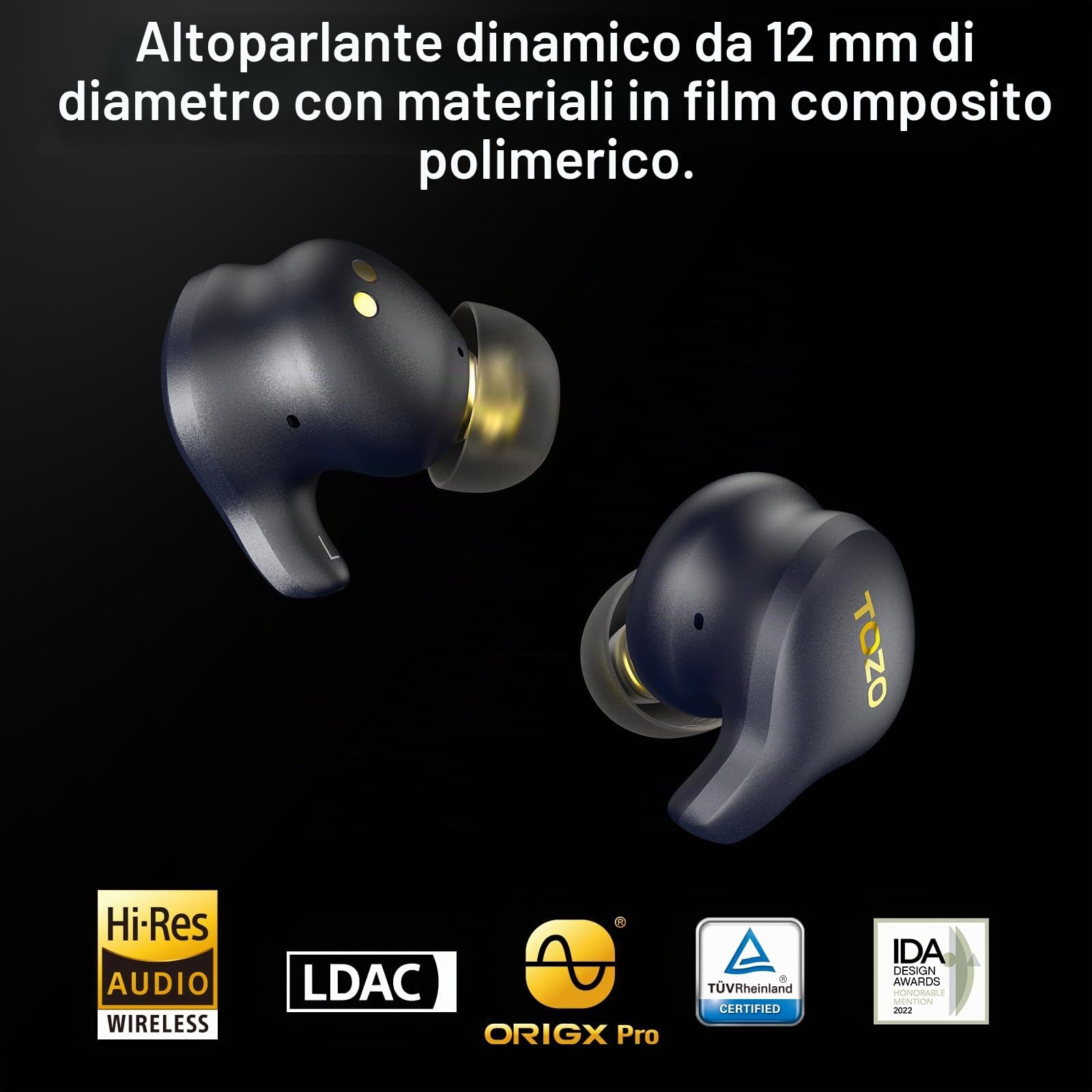 TOZO Golden X1 Auricolari Wireless Cuffie Bluetooth Supporta Decodifica Audio HD Ldac, Audio Hi-Res Origx, Cancellazione del Rumore Attivo e Ambientale con Cuffie Smart Touch