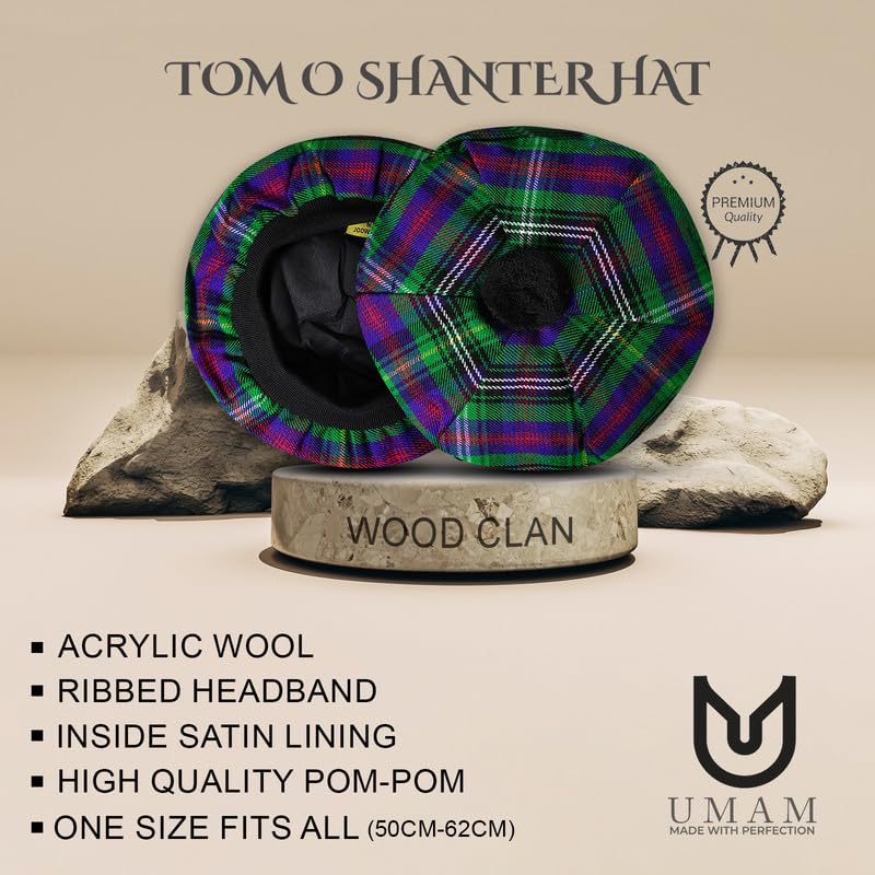 Image of Scottish Tam O' Shanter Hat Tartan Bonnet Pom Pom Wool Flat Cap One Size