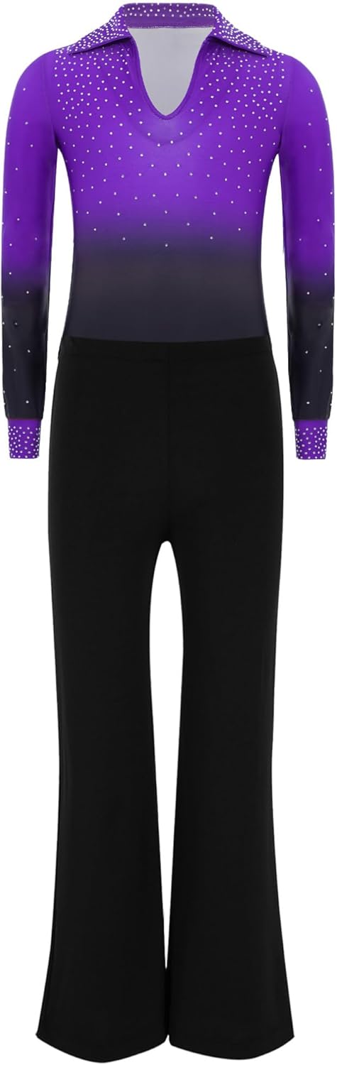 ranrann Kids Boys Figure Skating Latin Dance Outfit Rhinestones Gradient Gymnastics Leotard and Bell Bottom Pants Purple 12 Years