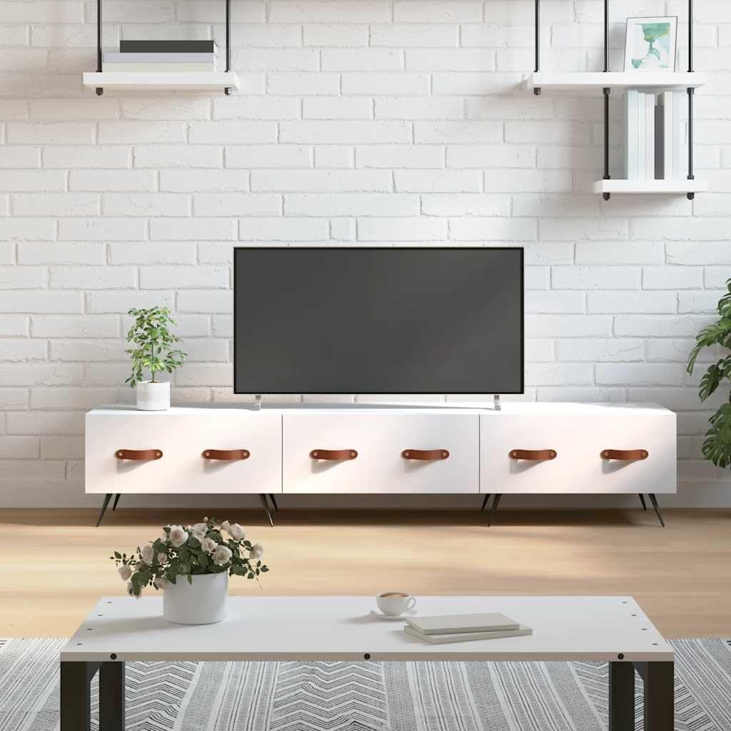 Szafka pod telewizor biała 150 x 36 x 30 cm, wytrzymały materiał drewnopochodny, 3 szuflady, żelazne nogi, stylowe meble multimedialne do salonu i sypialni, odporna na wilgoć