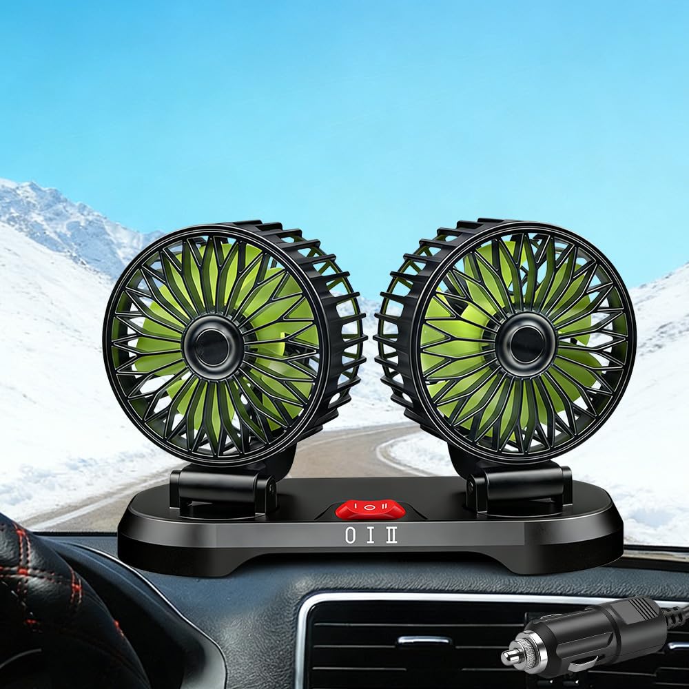 Auto-Ventilateur, 12V Double Tête Ventilateur Auto, Ventilateur Voiture avec Rotation 360° et 2 Vitesses – Se branche sur l'allume-cigare pour SUV, camping-cars, quads et bateaux
