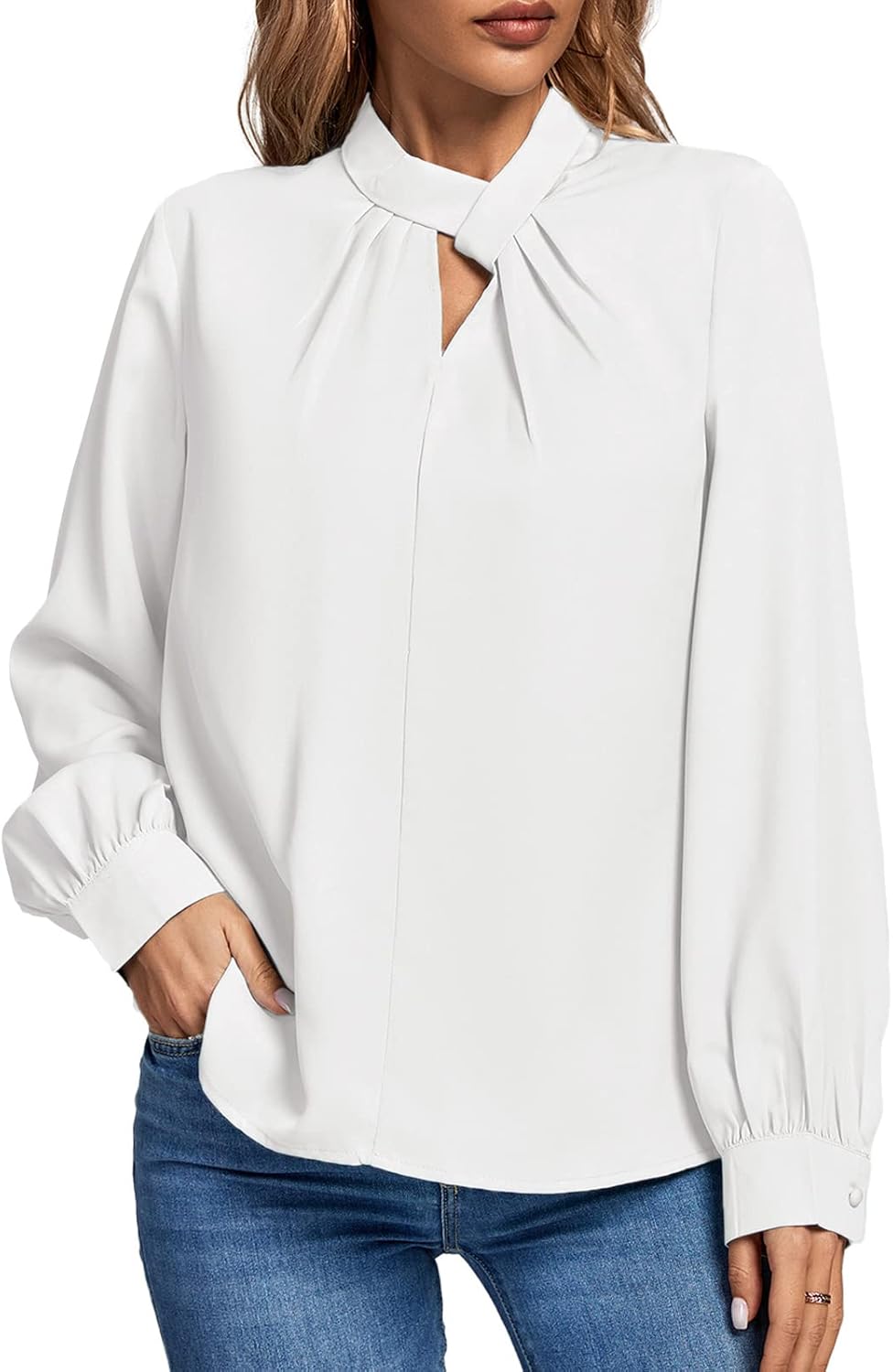 Rooscier Women's Pleated Mock Neck Cutout Long Sleeve Keyhole Chiffon Elegant Office Blouse White Small - Image 4