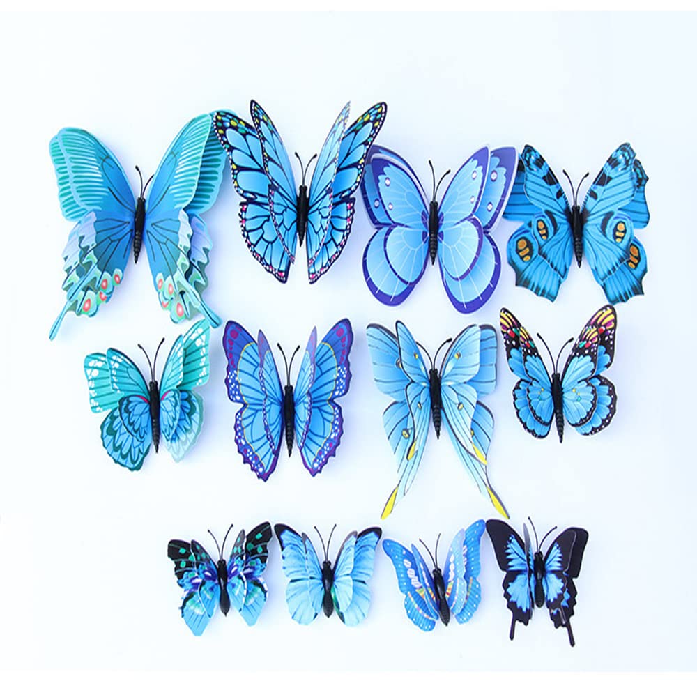 QGHSkOMk 12Pcs 3D butterfly wall decorations stickers Decor Wall Art Hanging Ornament Sculpture Garden Statues For Indoor Home Living Room Bedroom Outdoor backyard Porch Patio Fence (blue) - Image 2