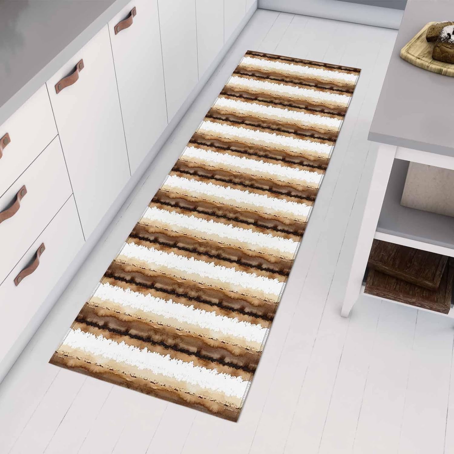 Teamery Kitchen Mats for Floor Farmhouse Abstract Stripes Washable Non Slip Kitchen Rugs 1PCS, Geometric Brown White Line Absorbent Standing Mats for Sink Bathroom Office Living Room 23.6x70.9in