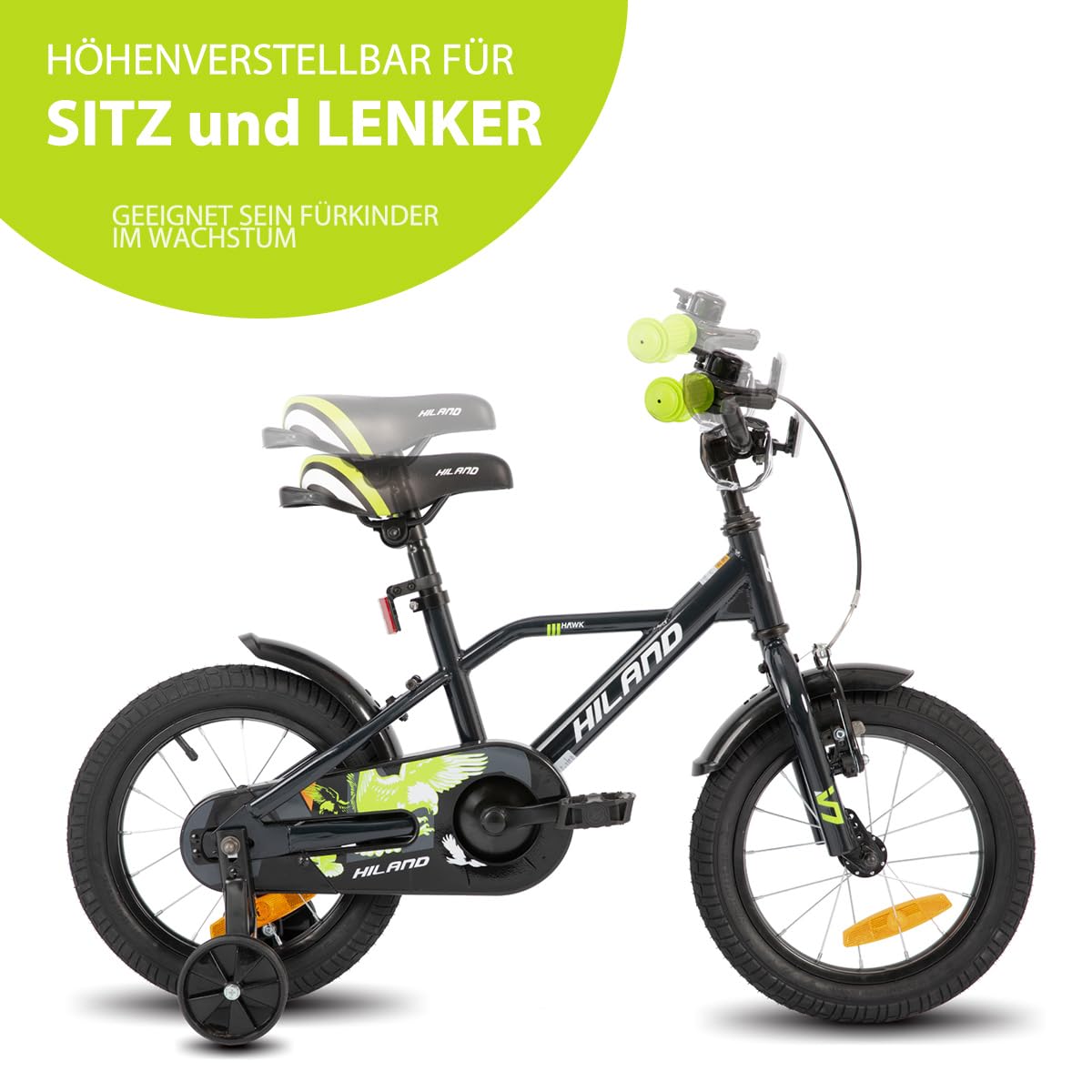 HILAND 14 Zoll Kinderfahrrad für Jungen 3 4 5 Jahre mit Stützrädern, Handbremse und Rücktrittbremse Schwarz/Grün Sport & Freizeit