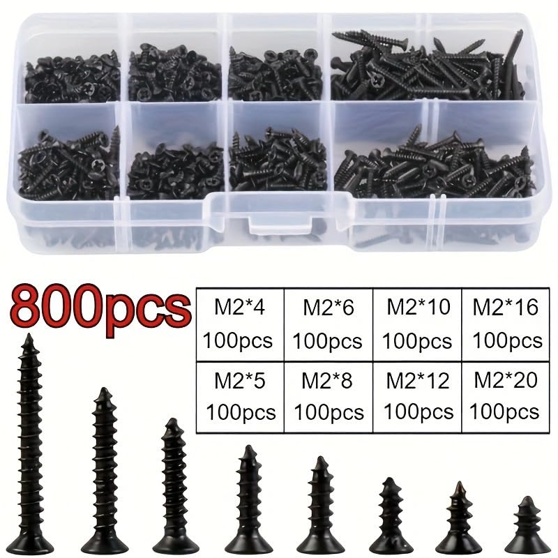 Kit de 800 tornillos autorroscantes M2 acero carbono miniatura 2