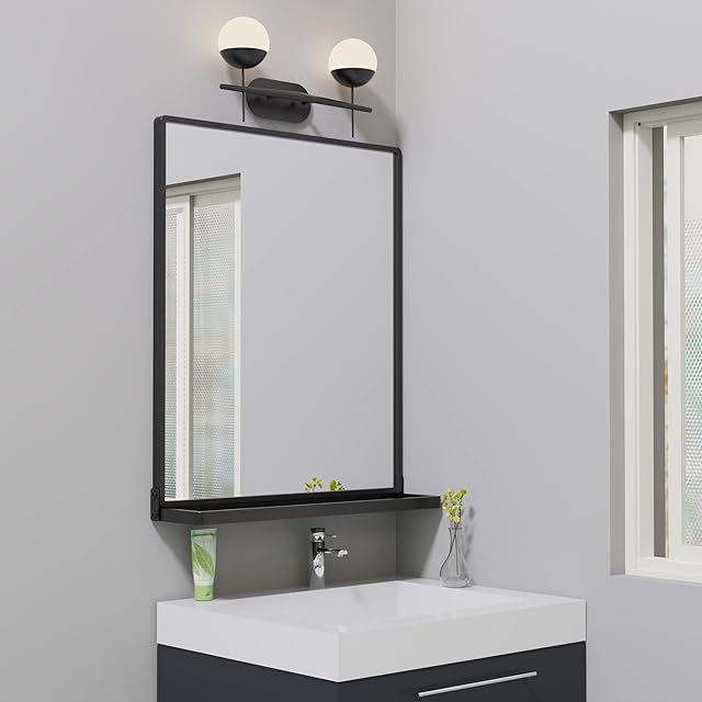ANYHI Black Bathroom Mirror for Wall, Metal Wall Mirror with Shelf, Perfect for Living Room, Bedroom, Entryway, Rectangular, Horizontal or Vertical (20"×24")