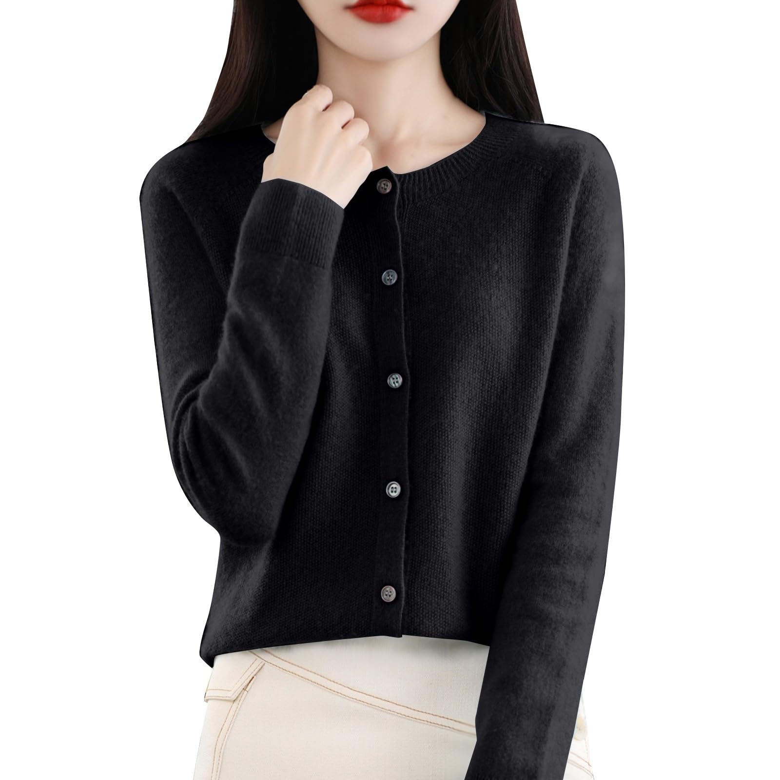 Womens Soft Merino Wool Blend Cardigan - Lightweight Crewneck Long Sleeve Button Down Ribbed Knit Top for Fall