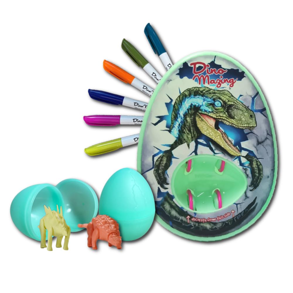 DinoMazing Glow in the Dark Dinosaur Egg Arts & Crafts Kit, Decorate Your Dino Eggs, Crack & Discover Your Buildable & Interchangeable Mystery Dino Toy Inside, No Mess Craft for Kids Ages 3+