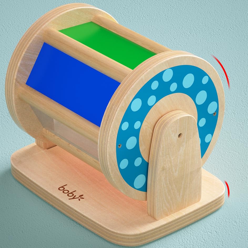 Dailyfunn Montessori Toys Wooden Spinning Drum Tummy Time Floor Mirror Toy for Babies 6-12 MonthsToddlers 1-3 Years Old