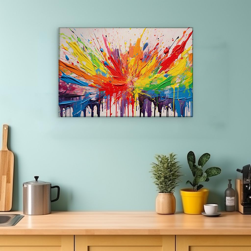 Canvas for Living room. Explosion of Colors: Unleashing Vibrancy and Movement Through Abstract Splatters, 27 x 18 inch Canvas Wall Art - Ready to Hang - 69x46 cm (27x18 inch)