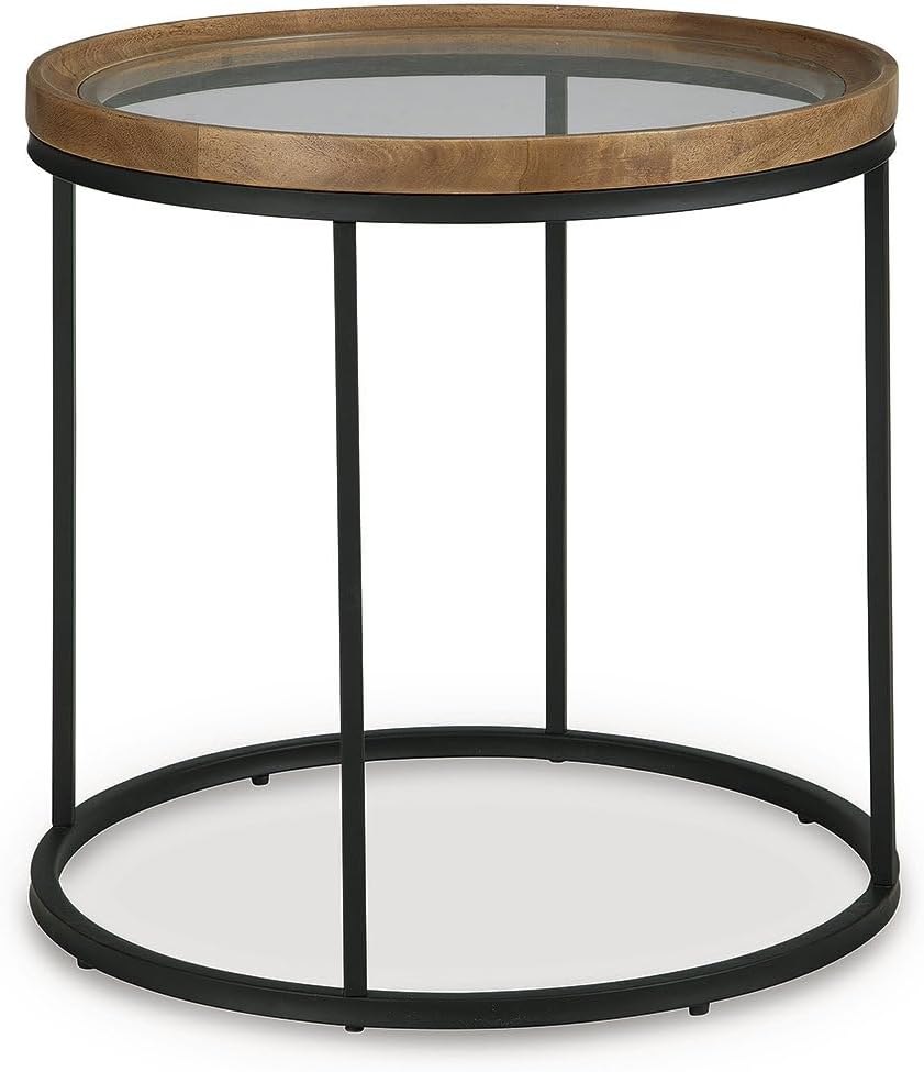 Signature Design by Ashley Round End Table, Solid Mango Wood & Glass | Solid mango wood and tempered glass, Matte black metal frame, Adjustable leveling feet, Living room use, Noraluna Series