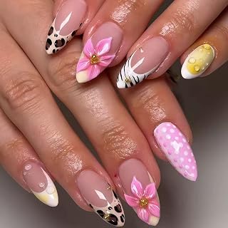 Almond Press on Nails Medium Fake Nails Leopard French Tip 3D Flower Rhinestone Spot Water Drop Texture Full Cover Spring Stick on False Nail for Women 24PCS