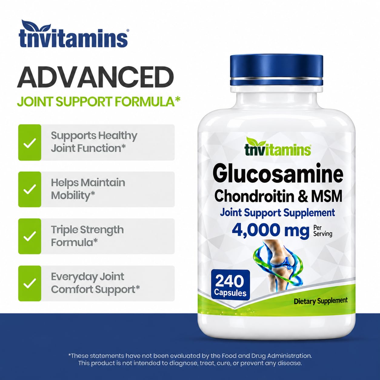 tnvitamins Glucosamine Chondroitin MSM, 240 Capsules, 4,000 mg Per Serving, Glucosamine Sulfate 2KCl, Joint Support Supplement for Men & Women — Amazon image 4