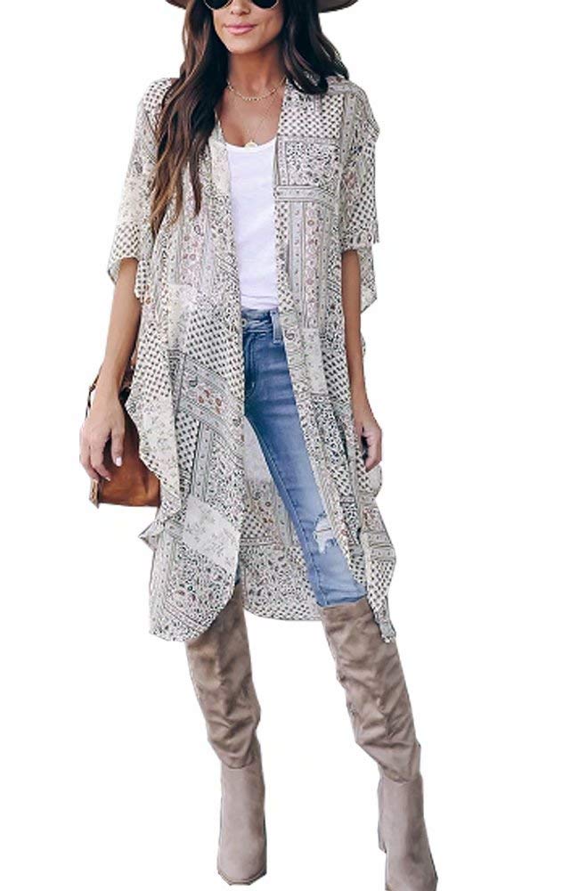 Women's Multi-Size Sunscreen Beach Casual Cardigan Kimono Boho Style Polka Dot Print Chiffon Blouses