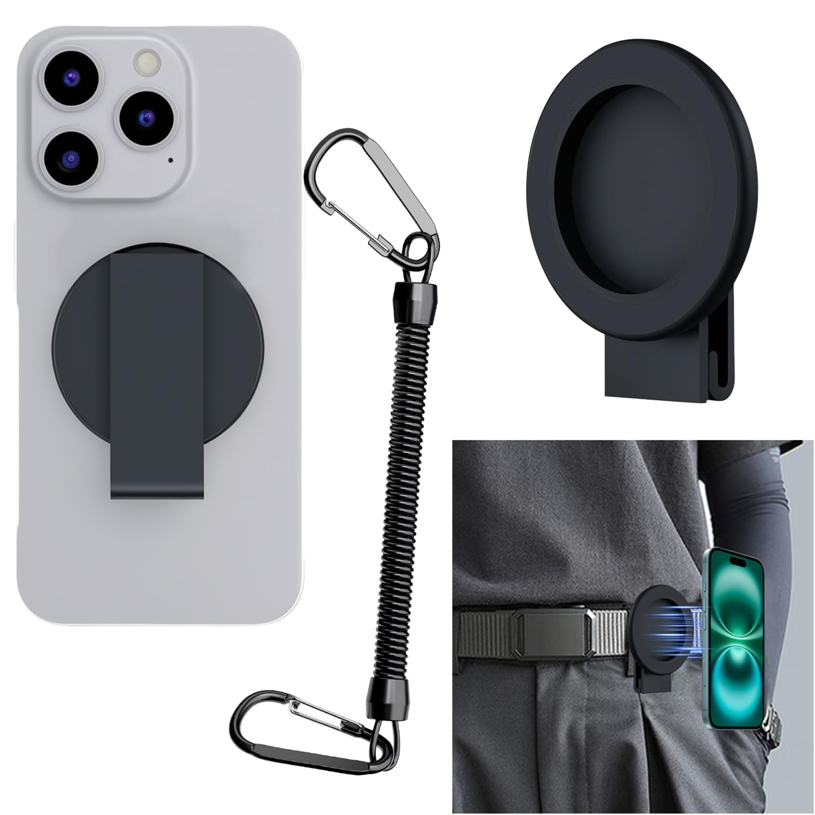Ysnzaq Magnetischer Handy Gürtelclip Halter, Handyhalterung Rucksack Clip für Wandern, Klettern, Outdoor Handysicherung Halter mit Federseil für für iPhone, Samsung, Google, Moto, Mag-YTJ Black
